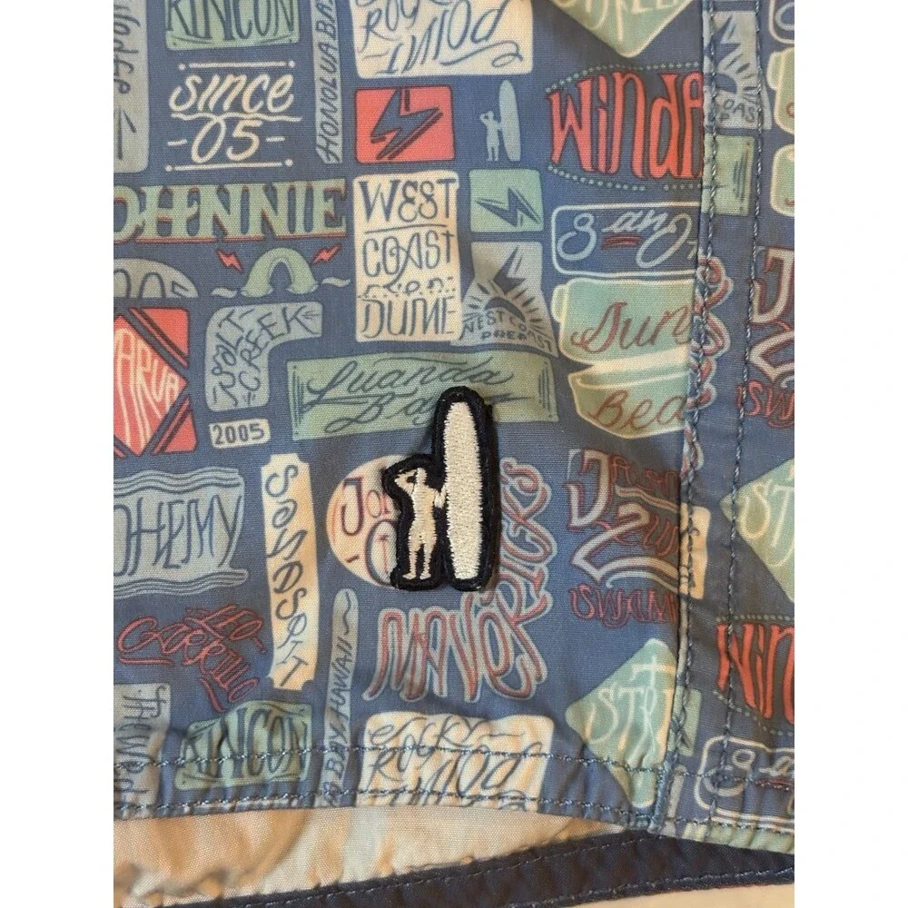johnnie-O Mens XL Half-Elastic Swim Trunks Board Shorts Surf Patch Sticker Print